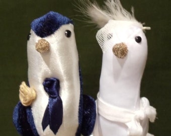 Cake Topper miniature birds Bride Groom dress bircage veil feather blue suit tie gold rose boutonniere