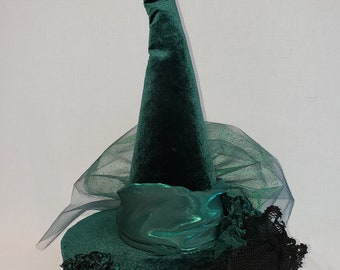 Witch Hat green velvet veil band flower