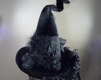 Witch Hat black velvet lace band veils flowers feathers