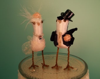 Cake topper miniature birds Bride Groom feather flower dress necklace suit tie top hat boutonniere black white ivory peach