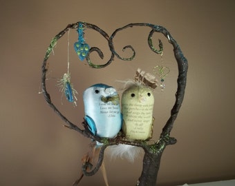 Cake Topper miniature love birds sitting in a tree bride groom poetry quotes green blue brown light up