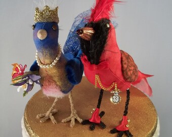 Cake Topper miniature birds cardinal blue bird red feathers wildflowers crown spats pocket watch spats pearl necklace gold stand