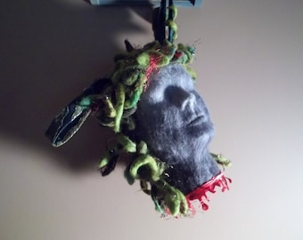 Medusa Handbag purse gray stone face green snakes blood drip severed neck needle felted wool mythology gorgon