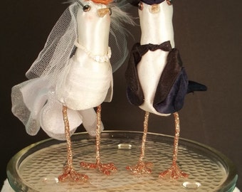 Cake Topper miniature birds bride groom black white navy dress veil flower feather necklace lashes top hat bowtie contrast lapel suit coral