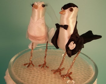 Cake Topper miniature birds bride groom black white pink dress eyelashes bowtie boutonniere lace tulip