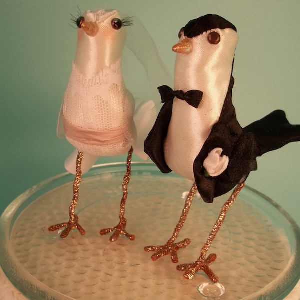 Cake Topper miniature birds bride groom black white pink dress eyelashes bowtie boutonniere lace tulip