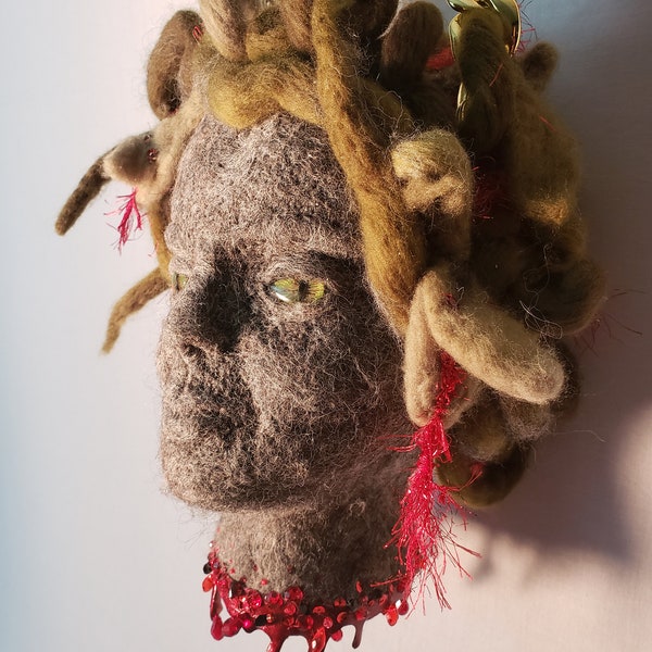 Medusa handbag purse needle felted wool grey green snakes blood drip neck severed crystals green glass eyes mythology gorgon