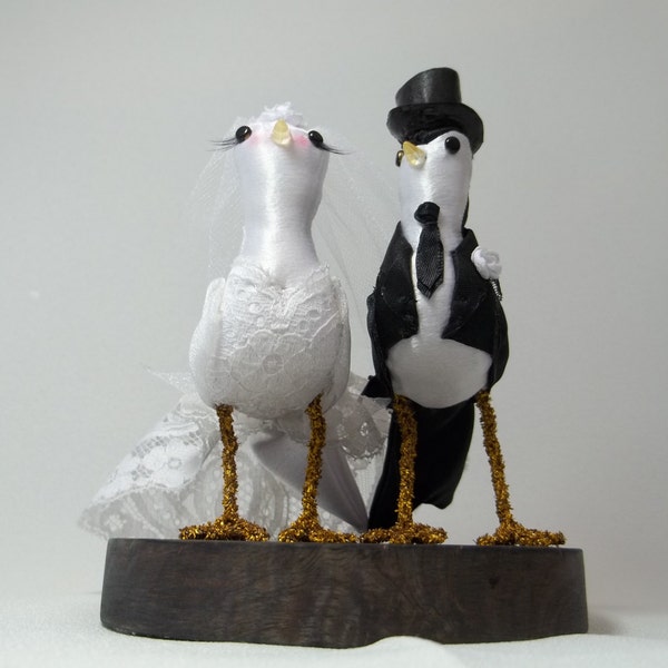 Cake topper miniature birds Bride Groom dress veil top hat suit tie eye lashes black white rose lace