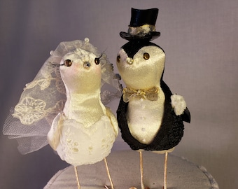 Cake Topper miniature birds bride groom black white ivory suit bowtie gold top hat lace veil dress eyelashes