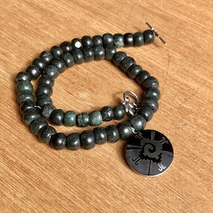 Hunab Ku Pendant, Mayan Symbol, Black Obsidian Medallion with Ancient Guatemalan Jade Style Crescent Bead Necklace, Mayan Jewelry for Women