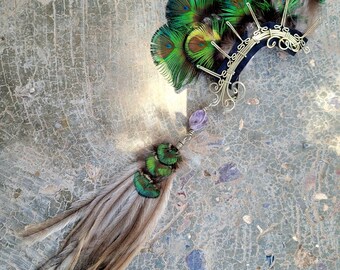 Ethnic Jewelry: Peacock and Emu Feather Copilli, Amethyst Quartz Details - Handmade