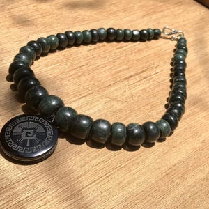Hunab Ku Pendant, Mayan Symbol, Black Obsidian Medallion with Ancient Guatemalan Jade Style Crescent Bead Necklace, Mayan Jewelry for Women