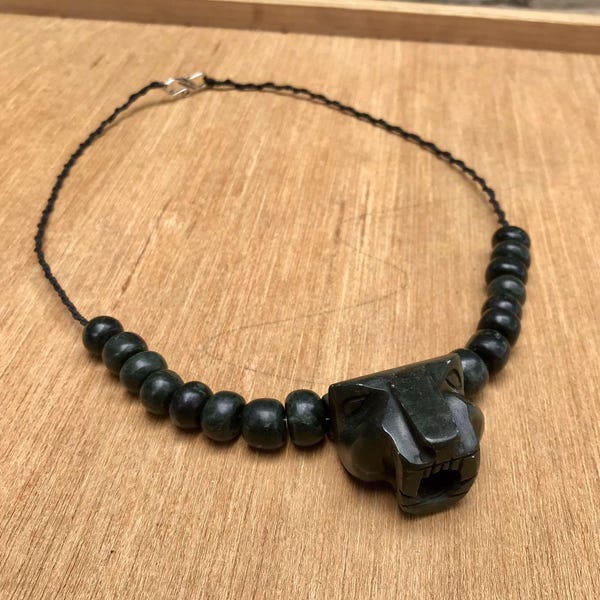 Jaguar pendant, Mayan style necklace, ancient jade from Guatemala, with serpentine stone beads and macrame, Aztec jewelry