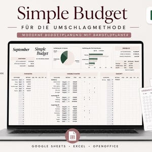 Könnte beinhalten: Ein Laptop-Bildschirm zeigt eine Simple Budget-Tabelle für die Umschlagmethode mit Einnahmen, Fixkosten, variablen Kosten und Diagrammen. Enthält einen Bonus-Spar-Challenge-Tracker, Excel-Kompatibilität und deutsche Beschriftungen.