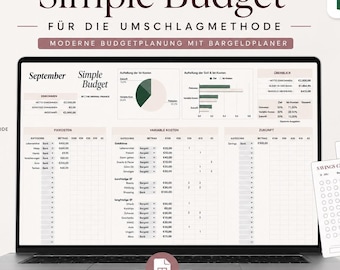 May include: A laptop screen displaying a Simple Budget spreadsheet for cash envelope planning, featuring income, fixed and variable costs, and savings charts. Includes a bonus savings challenge tracker, Excel compatibility, and German text labels.