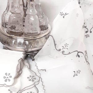Embroidered Organdy Tablecloth and Napkins, White and Grey Scroll Floral (NWT)