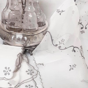 New White Sheer Organdy Tablecloth--   33"x34" ---6 Napkins  - -Floral Scroll Gray Embroidery-  Metal String Tag---Tea Cocktail Cloth ---