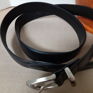 Vintage New Men Black Leather Belt Double Leather Buckle End Business Suit Casual Leather Belt 46&quot; Waist Genuine Leather Silvertone Buckle