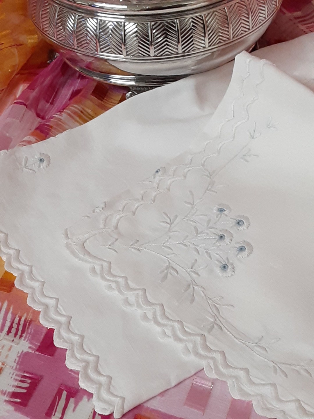 White Table Topper Vintage White Linen Table Topper Tablecloth Embroidered White Flowers ...