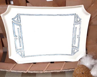 Vanity Dresser Tray Plate Art Deco Geometric Lines Border Design Porcelain W Guerin Limoges France Sapphire Blue White 1891-1900 Mark