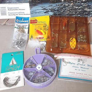 SALE---Fishing Tackle Lures Vintage Rebel Minnow Lure? Accu Point Hooks Weights Nylon Coated Leader Wire Swivels  New Old Stock