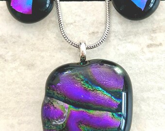 Multicolor Dichroic Fused Glass Pendant and Stud Earrings set