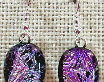 Pink and Black Dichroic Fused Glass Dangle Earrings