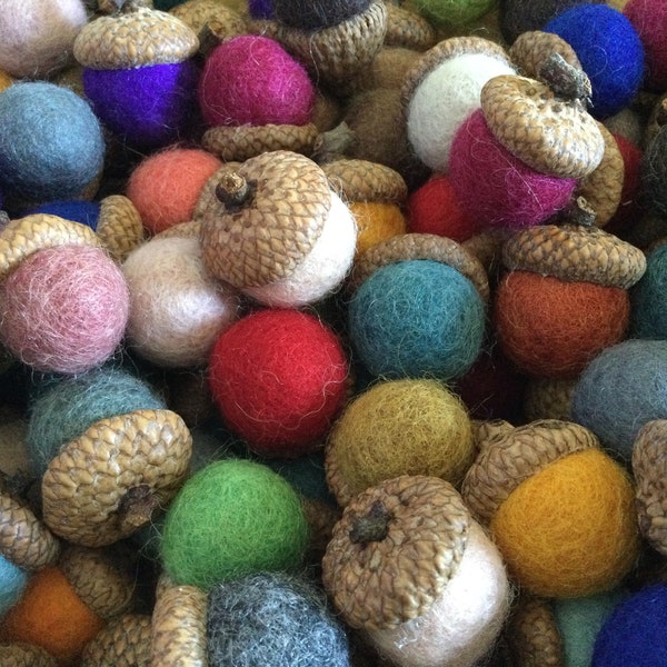 20 woolly acorns - felt wool Pom ball with natural acorn - multi color