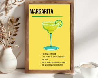 Margarita Cocktail Rolled Poster, Cocktail Poster, Cocktail Art, Cocktail Gift, Kitchen Art, Wall Art, Cocktail Guide, Cool Poster