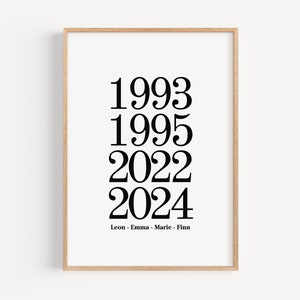 Familienposter personalisiert, Poster für Familie mit Namen und Geburtsjahren von Mama & Papa und Kindern, Bild Jahreszahlen, Elterngeschenk