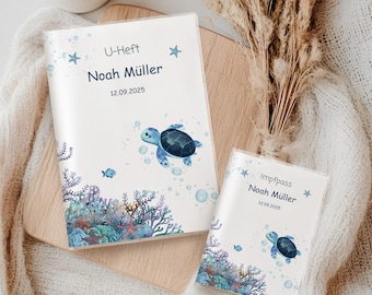 U Heft Hülle & Impfpass Hülle personalisiert Meerestiere Aquarell | Baby Geschenk zur Geburt | Set oder einzeln wählbar | mit Zusatzfach
