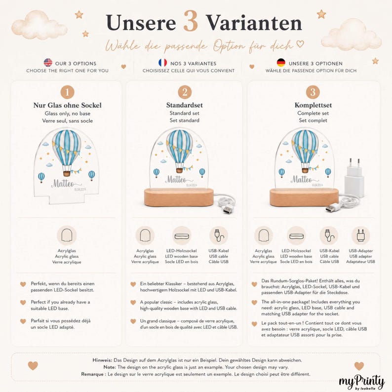 K&ouml;nnte beinhalten: Eine Infografik mit drei Produktvarianten f&uuml;r ein personalisiertes Acryl-Nachtlicht mit Hei&szlig;luftballon-Motiv und dem Namen Matteo. Die Optionen umfassen nur das Acrylglas, ein Standardset mit LED-Holzsockel sowie ein Komplettset inklusive USB-Netzstecker.