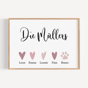 Familienposter mit Namen der Familie personalisiert, Familienbild, Herzfamilie Geschenk Geburt Hochzeit Umzug Geburtstag Taufe, Herz Pfote