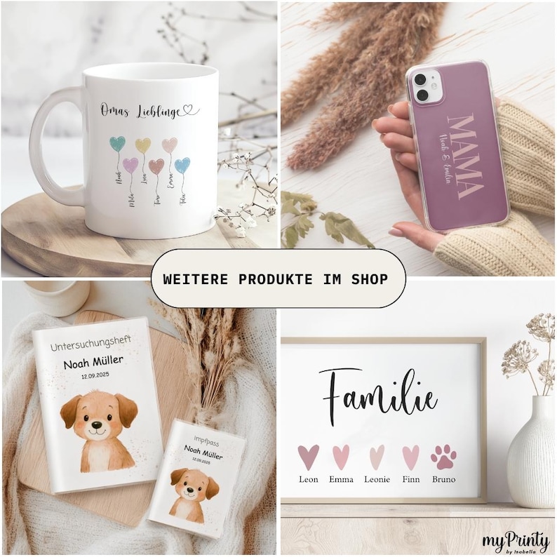 K&ouml;nnte beinhalten: Eine Collage mit einer wei&szlig;en Tasse mit Herzballons und Namen, einer lila Handyh&uuml;lle mit dem Text MAMA, zwei wei&szlig;en Heften mit Welpenillustration und Text sowie einem gerahmten Bild mit dem Wort Familie und Herzsymbolen.