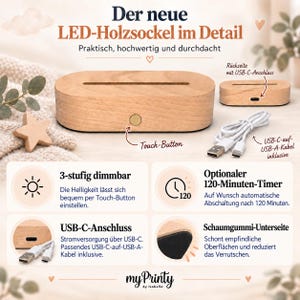 May include: An oval wooden LED base featuring a touch button, a USB-C port on the back, and an included USB-C to USB-A cable. The base offers three brightness levels, a 120-minute timer, and a foam rubber underside for stability and surface protection.