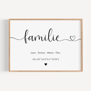 Familienposter | Zuhause Poster | mit Namen & Koordinaten | personalisiert, Familienbild Herzfamilie Geschenk Geburt Umzug Geburtstag Taufe
