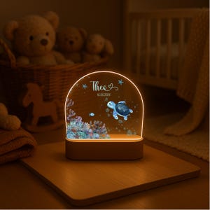 K&ouml;nnte beinhalten: Ein bogenf&ouml;rmiges Acryl-Nachtlicht mit Holzsockel, bedruckt mit einer Meeresschildkr&ouml;te, einem Korallenriff und Blasen. Der Text "Theo" und "16.05.2024" ist in wei&szlig;er Schreibschrift und serifenloser Schrift oben mittig aufgedruckt.