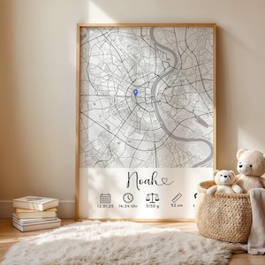Geburtsposter personalisiert mit Geburtsdaten und Stadtplan | Geschenk zur Geburt oder Taufe | Baby Poster mit Name und Standort