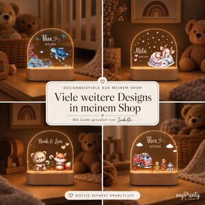 May include: Four arched acrylic night lights with wooden bases, each featuring unique illustrations including a sea turtle, a sleeping deer, a bear and fox, and a fire truck, with personalized names and dates printed on the transparent surfaces.