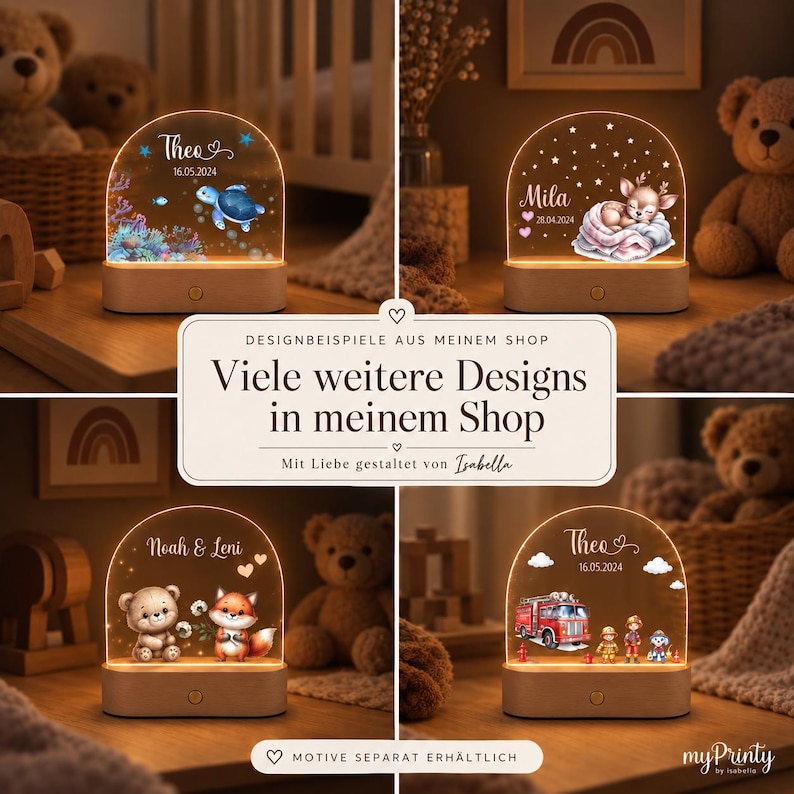 May include: Four arched acrylic night lights with wooden bases, each featuring unique illustrations including a sea turtle, a sleeping deer, a bear and fox, and a fire truck, with personalized names and dates printed on the transparent surfaces.