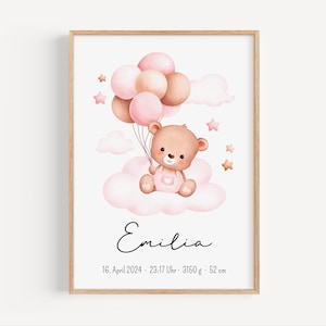 Personalisiertes Geburtsposter Mädchen oder Junge – Bär mit Ballons – Rosa oder Blau Babybild mit Namen & Geburtsdaten – Geschenk zur Geburt