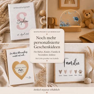 May include: A collage of personalized items including a white Untersuchungsheft cover with the name Sophia, an arched acrylic night light with a turtle graphic, a scratch-off card asking to be a godparent, and a framed print featuring the word Familie.