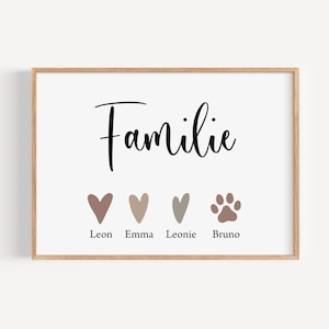 Familienposter mit Namen der Familie personalisiert, Familienbild, Herzfamilie Geschenk Geburt Hochzeit Umzug Geburtstag Taufe, Herz Pfote