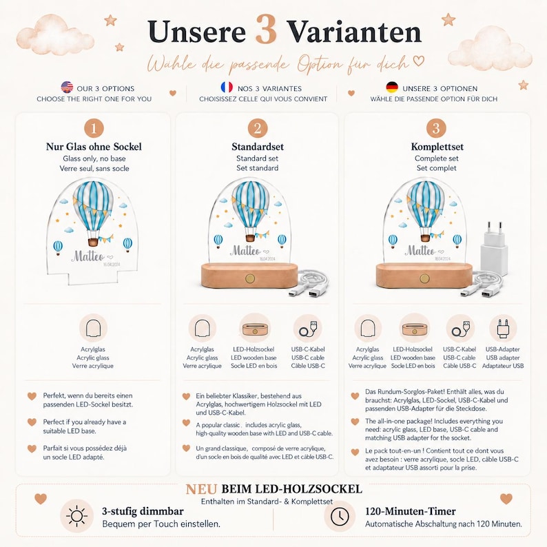 Könnte beinhalten: Eine Infografik mit drei Produktvarianten für ein personalisiertes Acryl-Nachtlicht mit Heißluftballon-Motiv und dem Namen Matteo. Die Optionen umfassen nur das Acrylglas, ein Standardset mit LED-Holzsockel sowie ein Komplettset inklusive USB-Netzstecker.