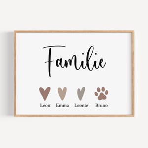 Familienposter mit Namen der Familie personalisiert, Familienbild, Herzfamilie Geschenk Geburt Hochzeit Umzug Geburtstag Taufe, Herz Pfote