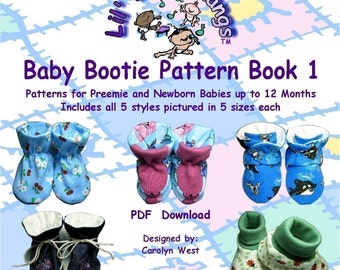 Baby Bootie Sewing Pattern Book (5 styles in 5 sizes Preemie up to 12 mths. (4 inches) INSTANT DOWNLOAD