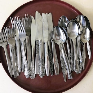Vintage Mismatched Flatware - ROSES THEME - Midcentury Mixed Mix-n-Match Stainless Flatware Silverware Complete Set of 45 - Service for 8