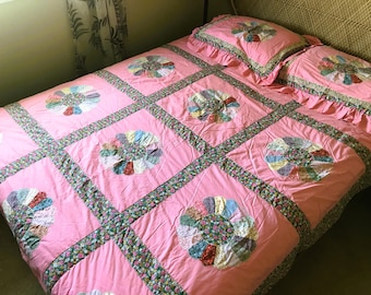 Vintage Handmade Dresden Plate Quilt - Twin or Full Bedspread with Shams & Valances, 9-Piece Set
