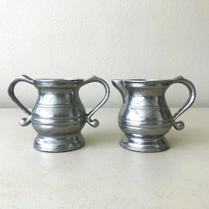 Vintage PEWTER or Silver-Tone Colonial Americana Sugar Bowl and Creamer Set - Set of Two