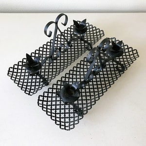 Vintage Midcentury MCM Black Mesh Punched Metal Quatrefoil Tray Centerpiece Candlesticks Candelabra with Handle - Set of Two